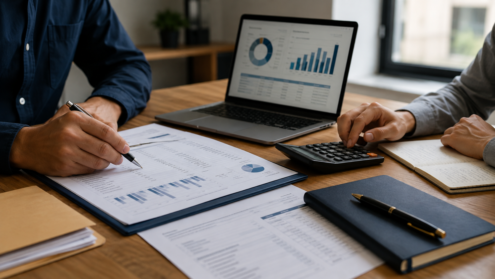 Small business owners reviewing financial reports